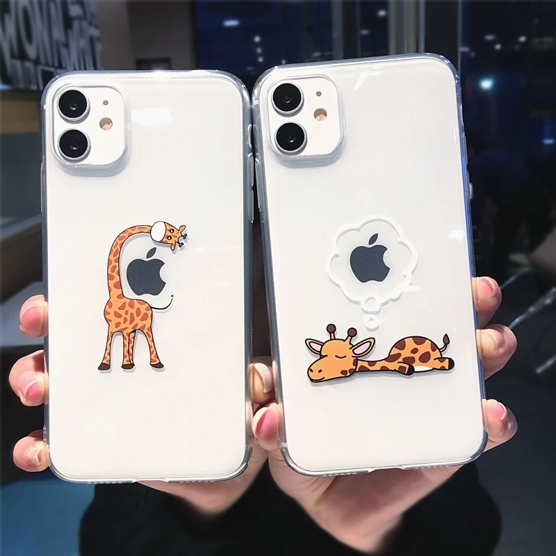 

Ottwn Cute Cartoon Animal Giraffe Dog Case For iPhone 14 11 13 Pro Max XS XR X 12 Mini 7 8 Plus Clear Soft TPU Shockproof Cover