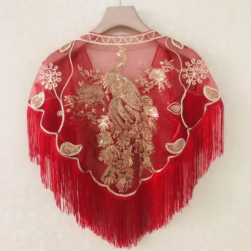 Chinese Phoenix Tassel Sequin Spring Summer Women's Sequins With Shawl  Mesh Cloak Girl Versatile Sunscreen Fashion Lace Red