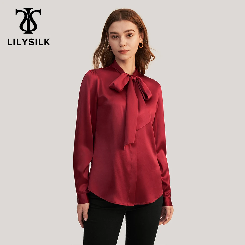 

LILYSILK Women Silk Bow Tied Blouse 2022 Spring New Femme Long Sleeve Turn Down Collar Top Office Lady Essentials Free Shipping