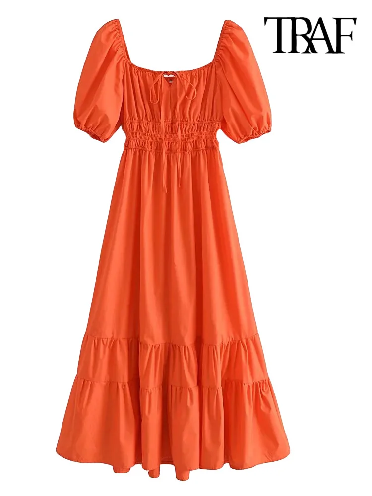

TRAF Women Fashion With Tied Pleated Midi Dress Vintage Puff Sleeve Elastic Waist Female Dresses Vestidos Mujer