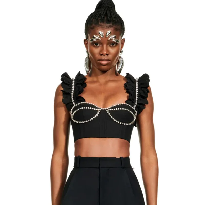 

Square Neck Black Matte Satin Top Crytals Beaded Blouses With Zipper Ruffles Fashion Woman Tops Custom Made Croset Ever Pretty
