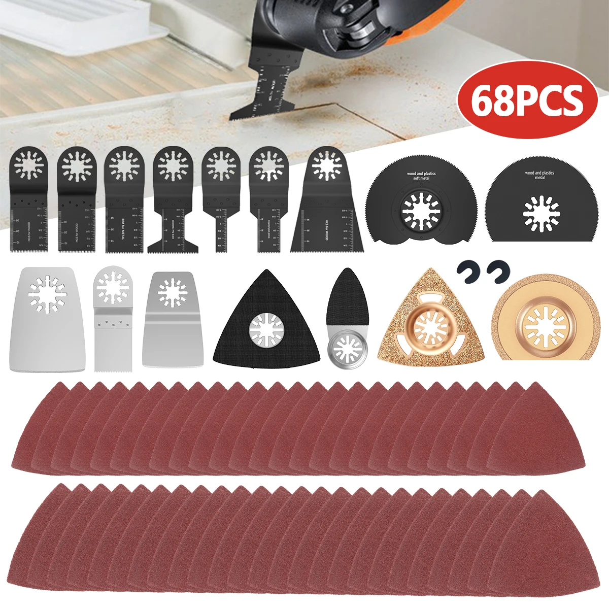 

68 Pcs Oscillating Tool Blades Multitool Saw Blades High Carbon Steel Saw Blades Quick Release Blades with Sandpaper to Cut Wood