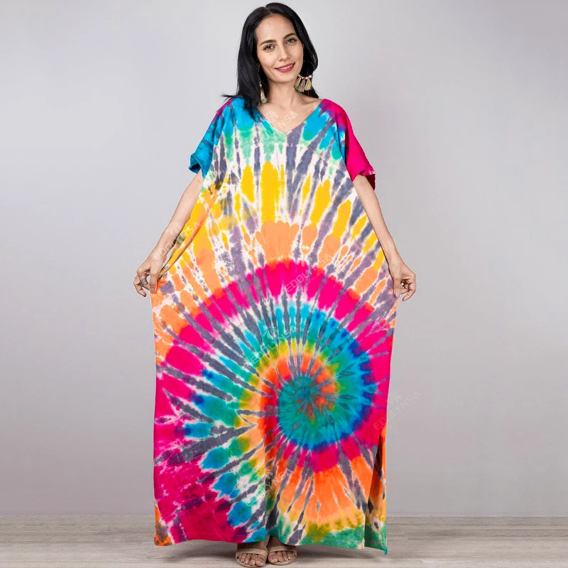 

2023 Boho Print Kaftan Casual V-neck Half Sleeve Summer Side Split Loose Dress For Woman Beachwear Maxi Dresses Q1382