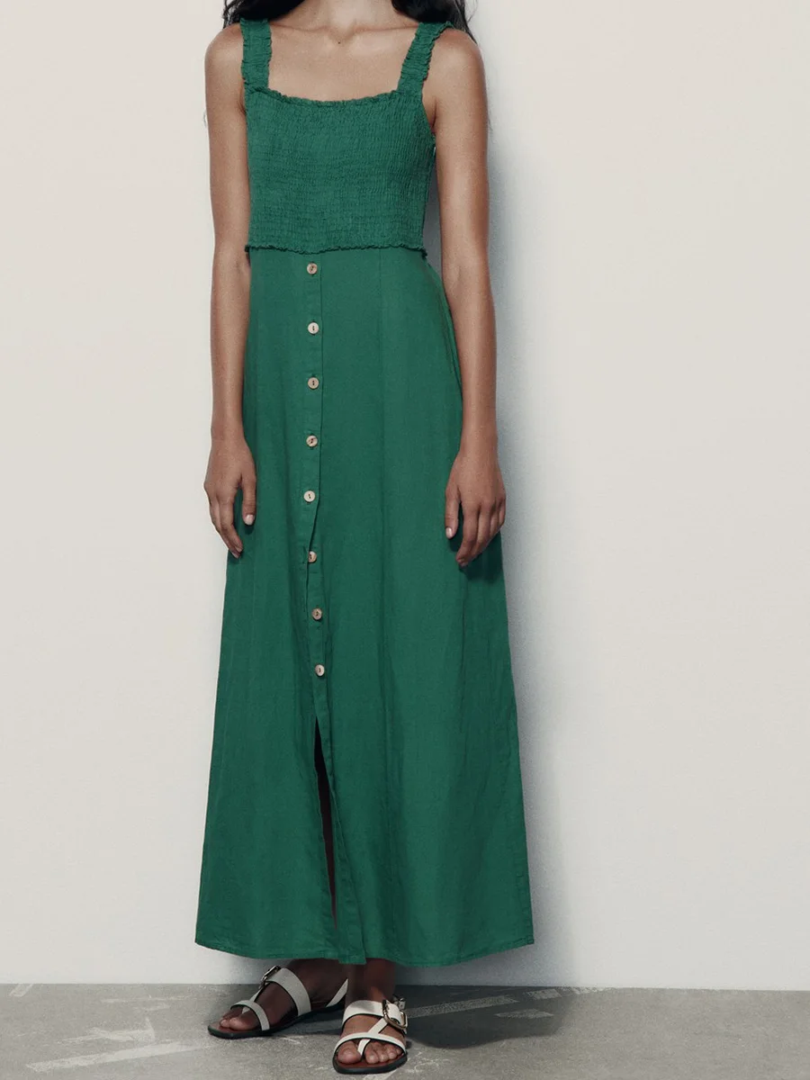 

Solid Elegant Women Camisole Midi Dresses Straps Sleeveless High Waist A Line Buttons Female Dress Casual Holiday Lady Vestidos
