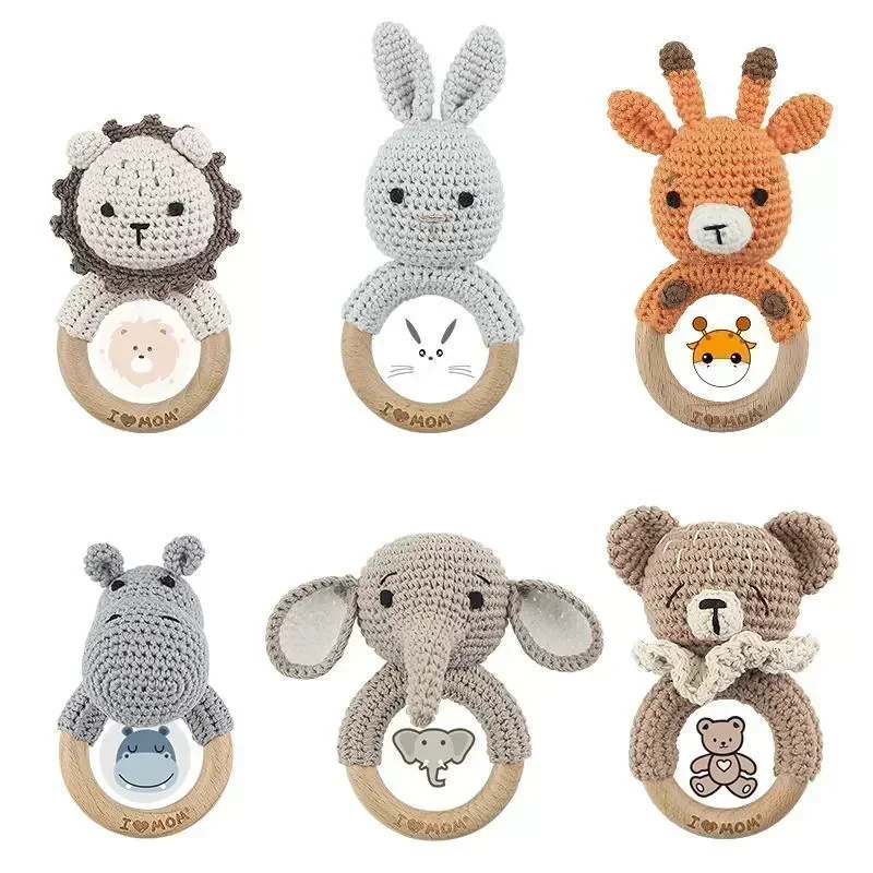 

1pc Baby Teether Music Rattles for Kids Elephant Giraffe Ring Animal Crochet RattleWooden Babies Gym Montessori Children's Toys