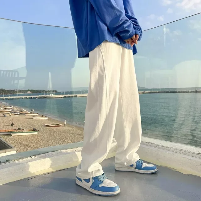 2022New Summer New Casual Jeans Men Fashion Straight Loose Jean Pants Neutral Streetwear Solid All-match Wide-leg Trousers