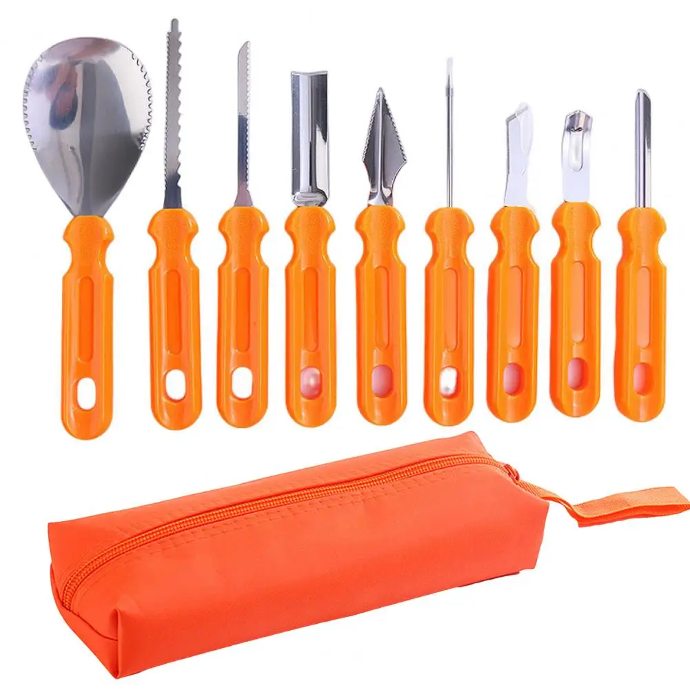 

9 шт. нож для резьбы по тыквам, Хэллоуин, нержавеющая сталь, тыква, искусственный нож, набор инструментов с сумкой для хранения, фрукты, овощи, нож, ручной работы