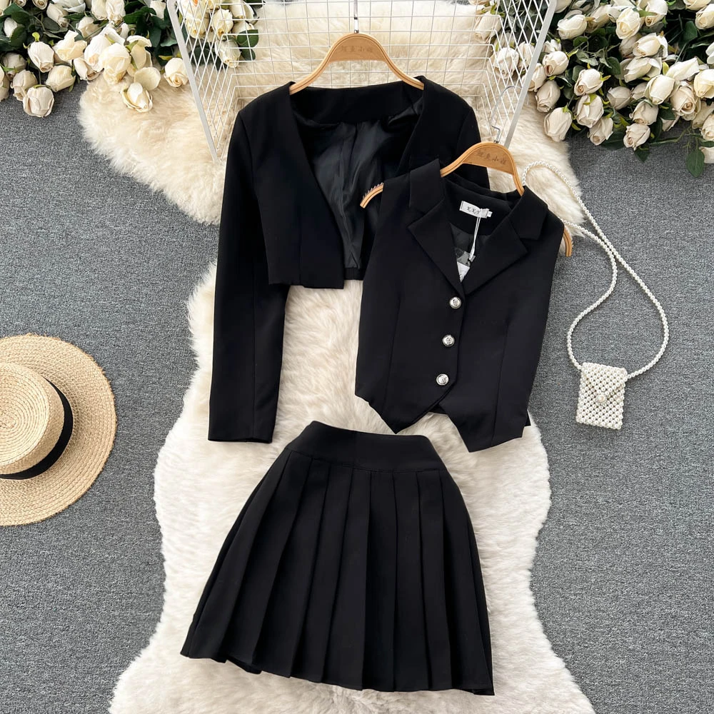 

Preppy Style New Autumn Women Three Piece Set Short Suit Jacket + Short Vest + High Waist Pleated Mini Skirt Two Piece Set