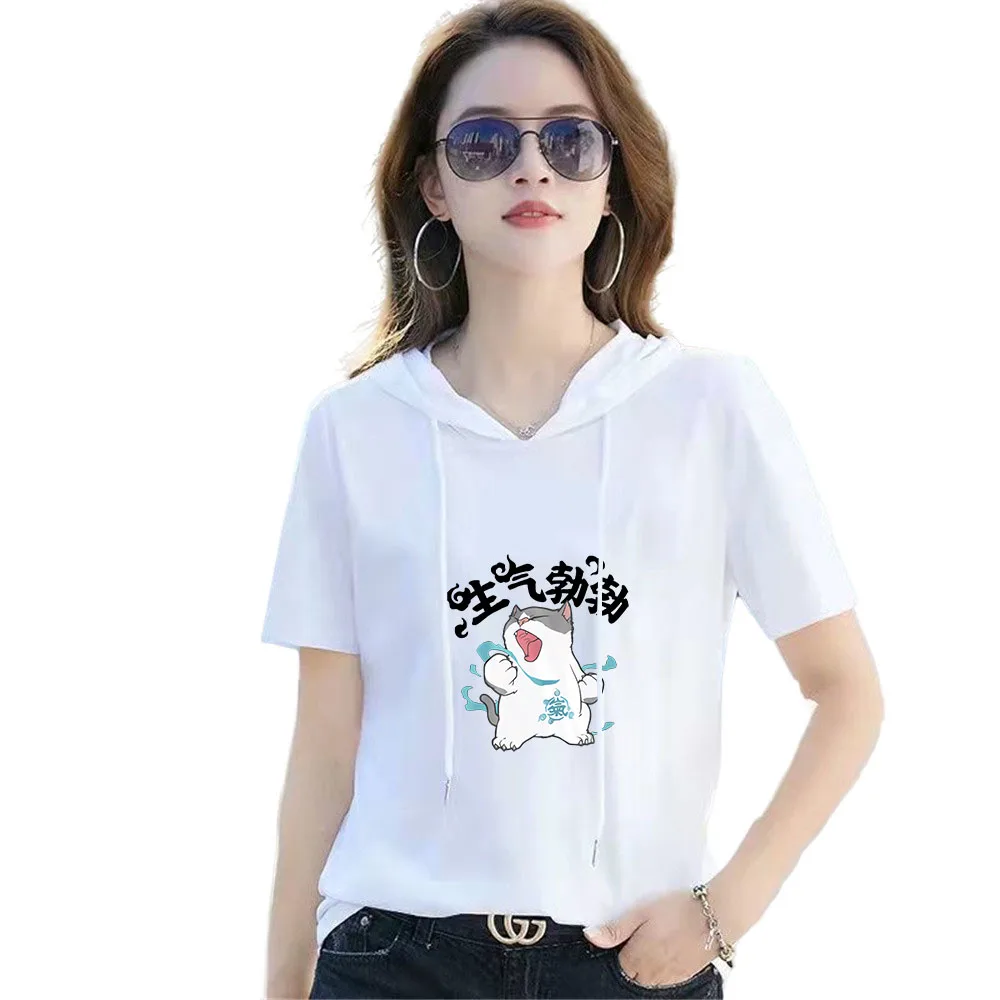 Женская толстовка с коротким рукавом свободная футболка из 2022 хлопка капюшоном