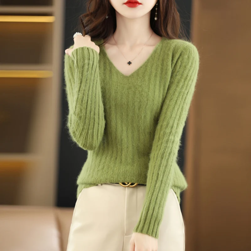 

Flat V-Neck Pure Mink Cashmere Sweater Women's Long Sleeve Top Autumn and Winter Warm Loose Knit Pullover Solid Color Slim Base
