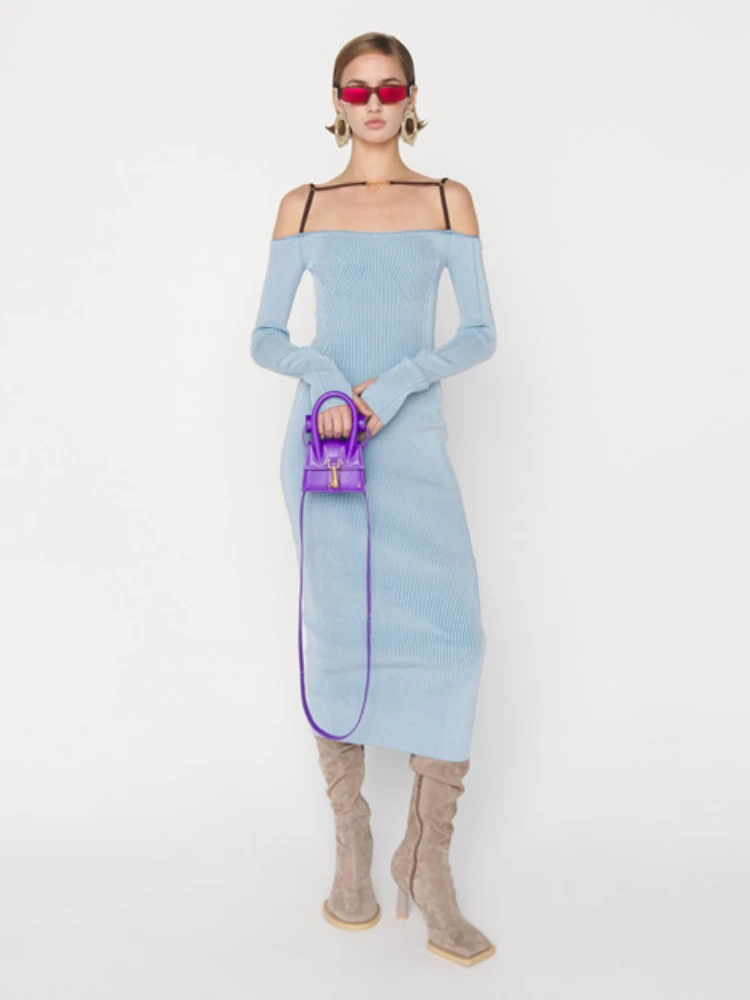 

IOO 2023 SS Women Off Shoulder Light Blue Backless Knitted Midi Dress Free Shipping High Quality France Paris Brand J Sexy