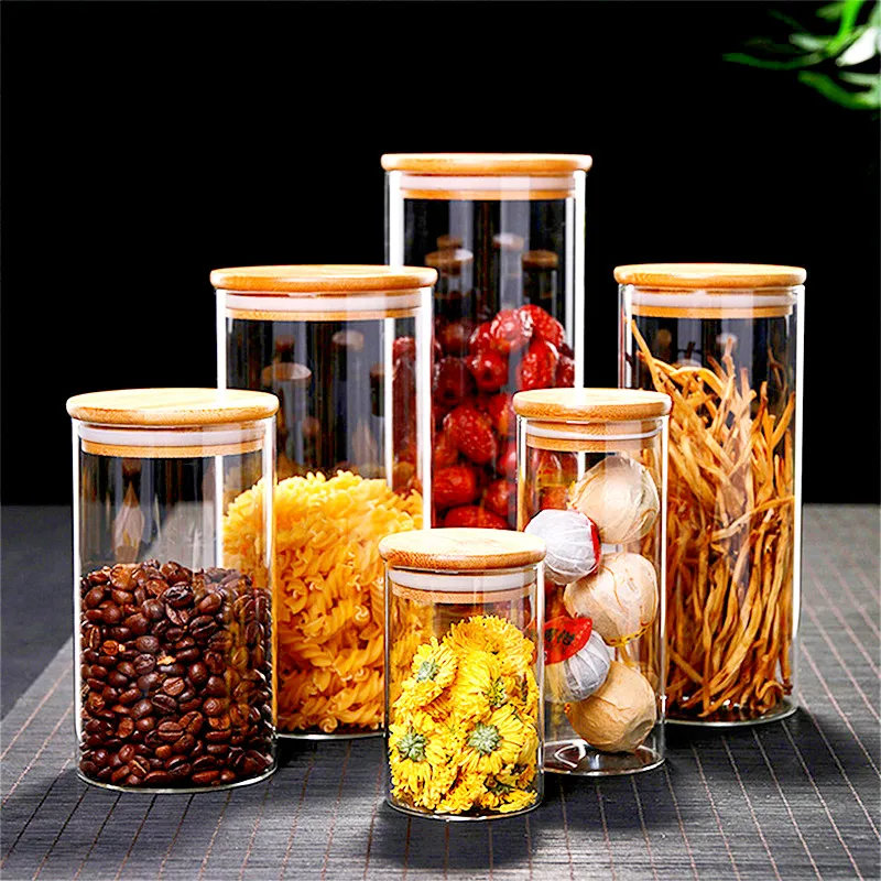 Glass Jar With Bamboo Lid Sealed Canister Food Storage Bottl