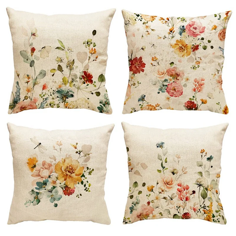 

Spring Pillow Covers Sofa Pillowcase 18X18 Set Of 4 Farmhouse Throw Pillow Spring Decorations Floral Cushion Case For Home Decor