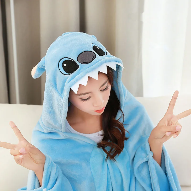 Disney Stitch Coral Fleece Fabric Blanket With Hooded Cute Cartoon Cosplay Cloak Cape Warm Wearable Throw Blanket For Sofa