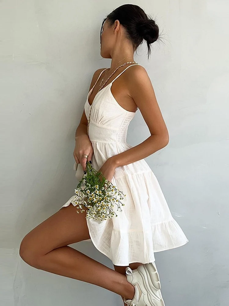 

Платье женское с V-образным вырезом, модное пикантное льняное Хлопковое платье-трапеция с оборками, однотонное платье на бретельках, Y2 K