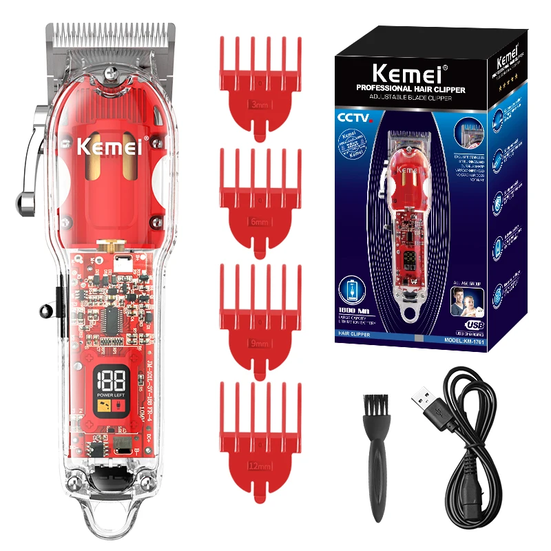 Kemei Transparent Men's Hair Clipper Rechargeable Adjustable LCD Electric Hair Trimmer Professional Beard Hair Cutting Machine