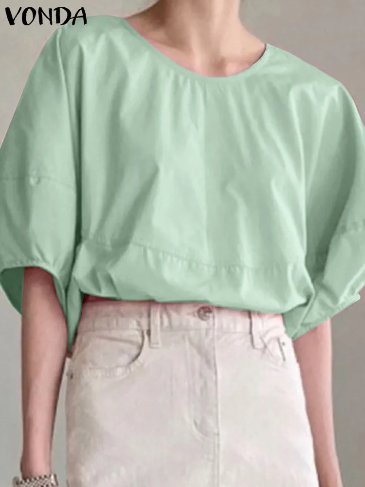 

Блузка VONDA Y2K женская с круглым вырезом, элегантная повседневная однотонная офисная рубашка с коротким рукавом, большие размеры, на лето