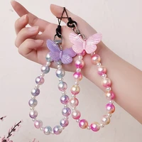 phone case anti lost sling pendant short wrist lanyard hand beaded gradient color beads butterfly pendant mobile phone lanyard