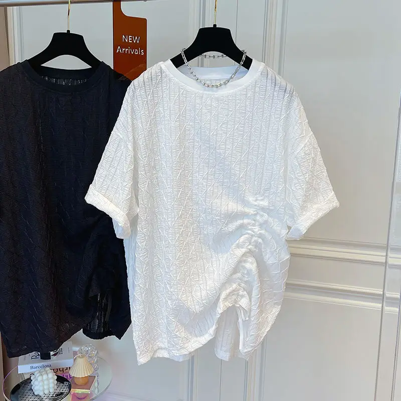 

SuperAen свободная однотонная Повседневная белая плиссированная полая футболка с круглым вырезом Женская Весна/Лето 2022