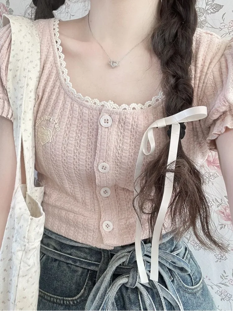 

ADAgirl Kawaii T Shirts Women Summer Short Sleeve Lace-up Crop Tops Korea Fashion Cutecore Female Tees Japan Puff Sleeve Clothes