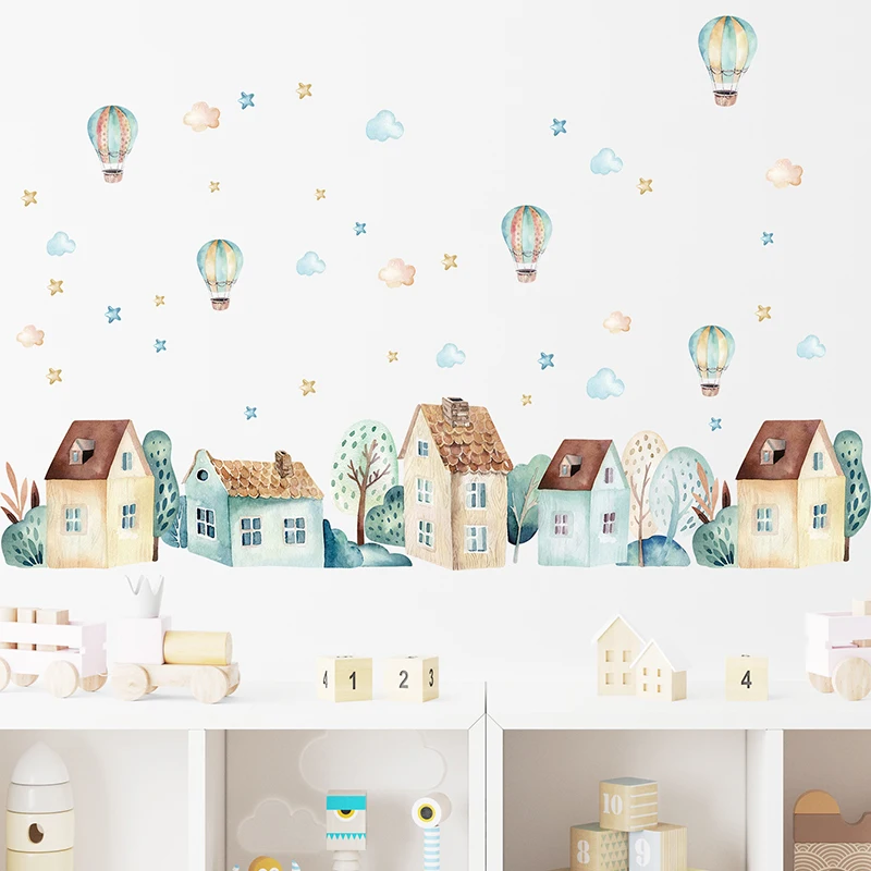 Watercolor House Hot Air Balloon Baseboard Wall Stickers for Kids Room Bedroom Living Room Wall Decals Home Decorative Stickers