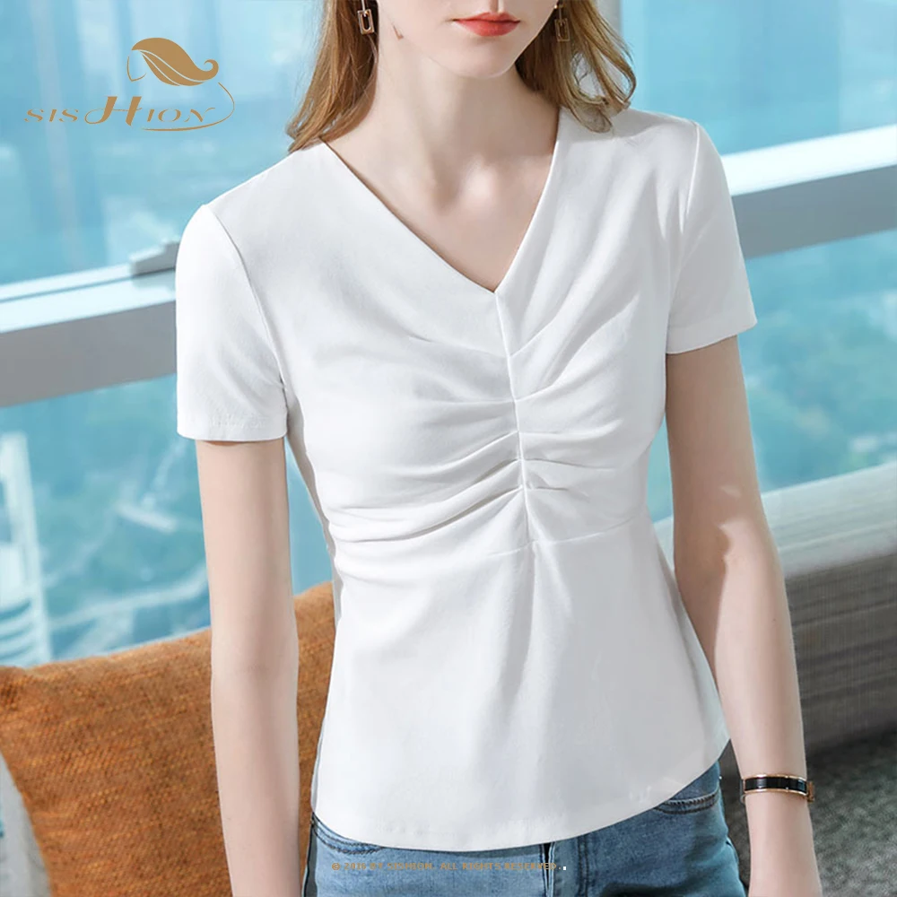 

Simple Cotton Short -Sleeved Top 2022 Summer Female Commute Wind Sexy V -Neck Folds Large Size White Red Casual T -Shirt VD3129