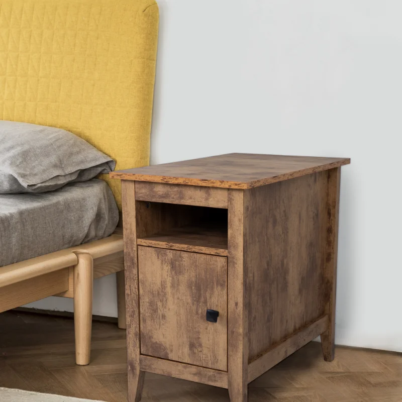 

[Flash Deal]Set of 2 Wood Side Table Narrow End Table with Cabinet and Shelf 2-Tier Nightstand for Small Space Rustic Brown