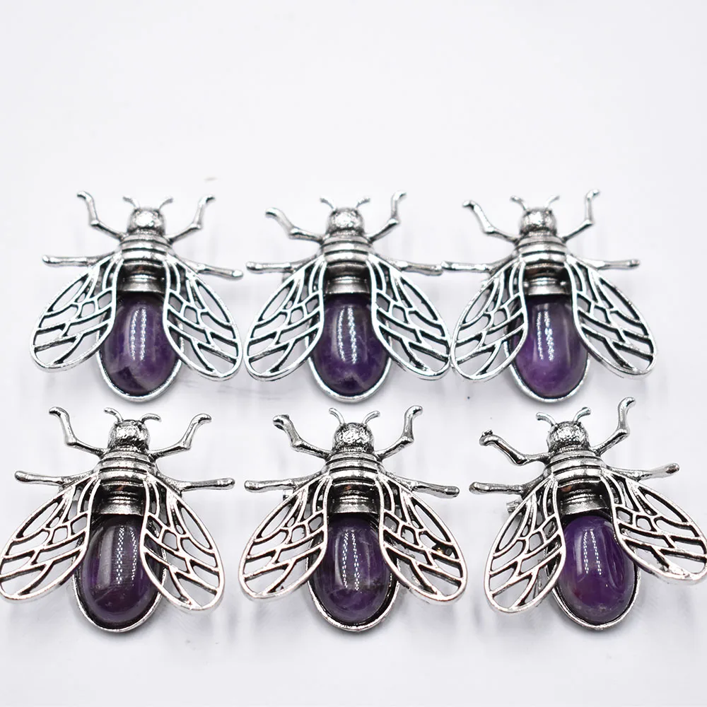 6 шт./партия броши с натуральным камнем аметистом розовым кварцем