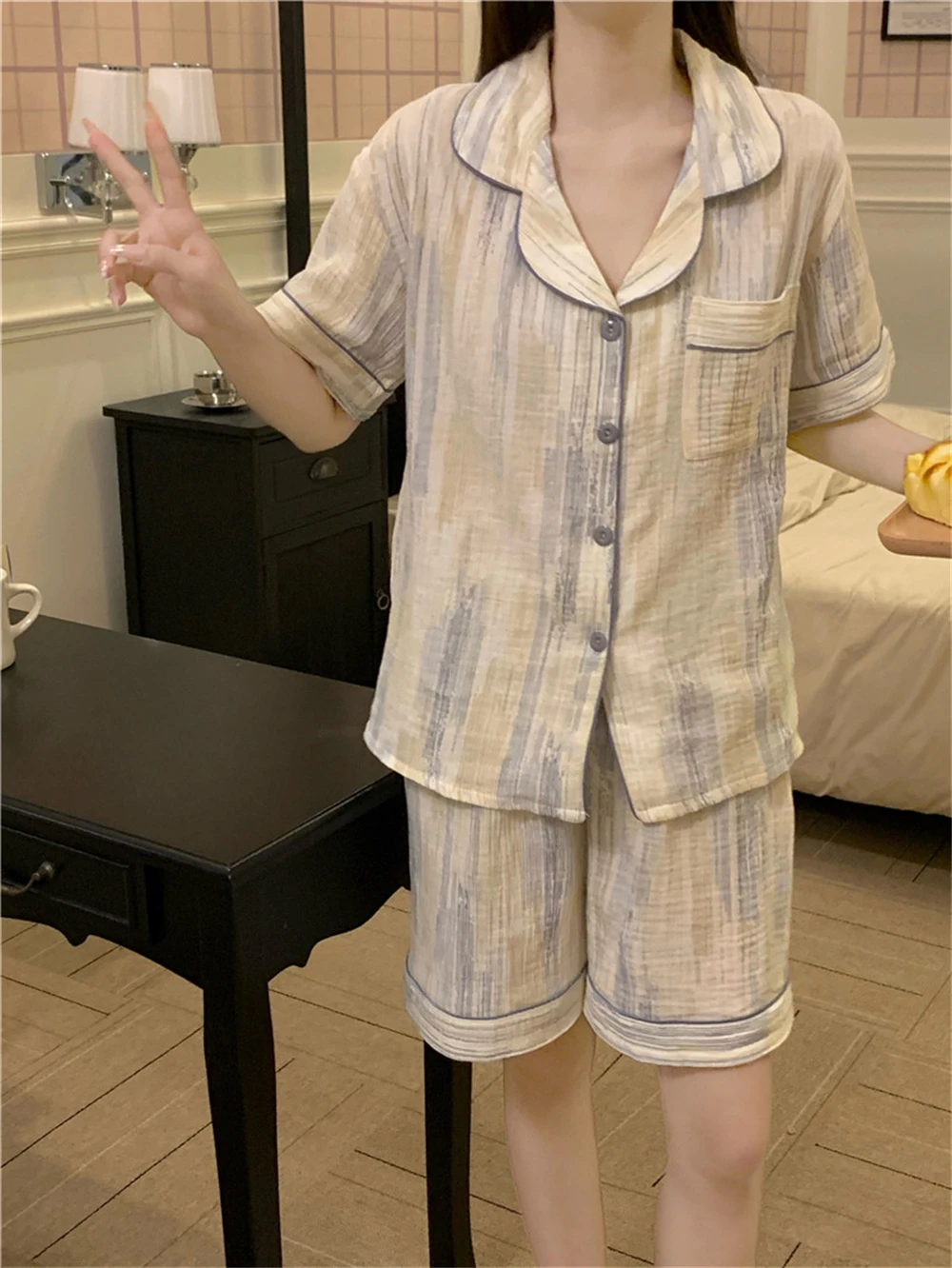 2023 Summer Women's Korean Edition Casual Simple Pajamas Can Be Outworn Cool Short Sleeve Shorts Home Suit Two Piece Set