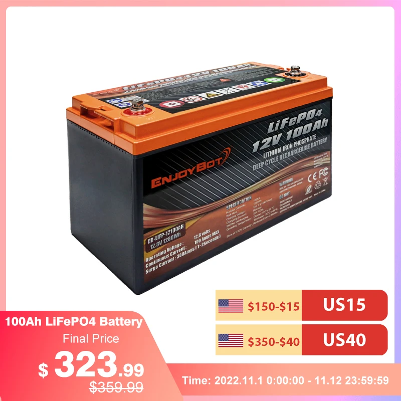 

Enjoybot LiFePO4 Battery Lithium Iron Phosphate Rechargeable External Battery 12V 100Ah 200Ah 300Ah BMS Deep Cycle Solar Battery