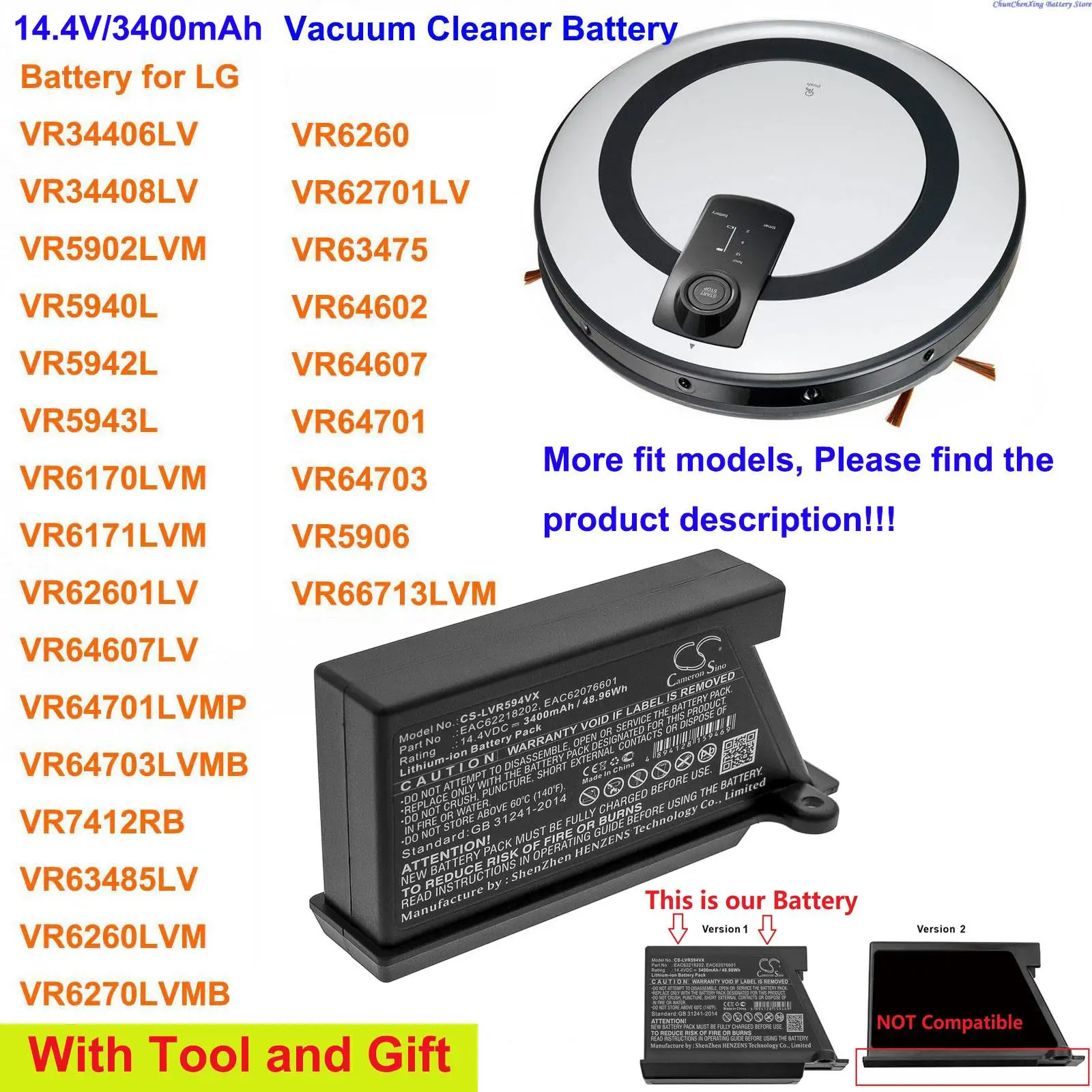 Аккумулятор Cameron Sino 3400 мАч для LG HomBot VR1320B,VR5901LVM,VR5903LVM,VR5906,VR5912LV,VR6140LV,VR63455LV,VR6370LVM,VR64702LVMB