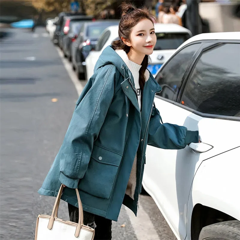 

Add Velvet Padded Hooded Coat Women's 2022 New Medium and Long Korean Version Loose Joker To Overcome Tooling Coat Women S-3XL