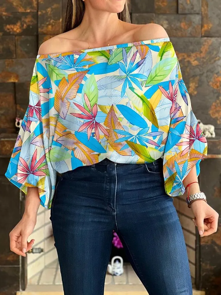 

Sexy Off Shoulder Top Women 2023 Summer Lantern Sleeve Allover Print Tops Casual Daily Long Sleeve All-Match Blouses Clothing