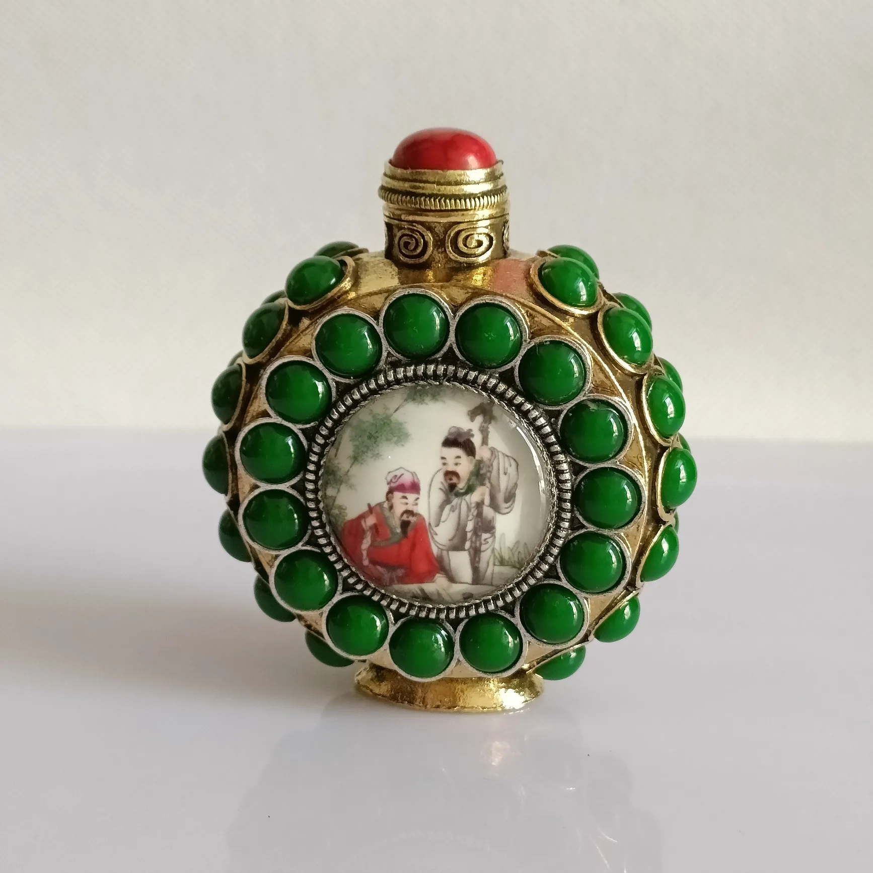 

China Elaboration Tibetan Silver Statue Inlay Noctilucent Gems Snuff Bottle Metal Crafts Home Decoration#15