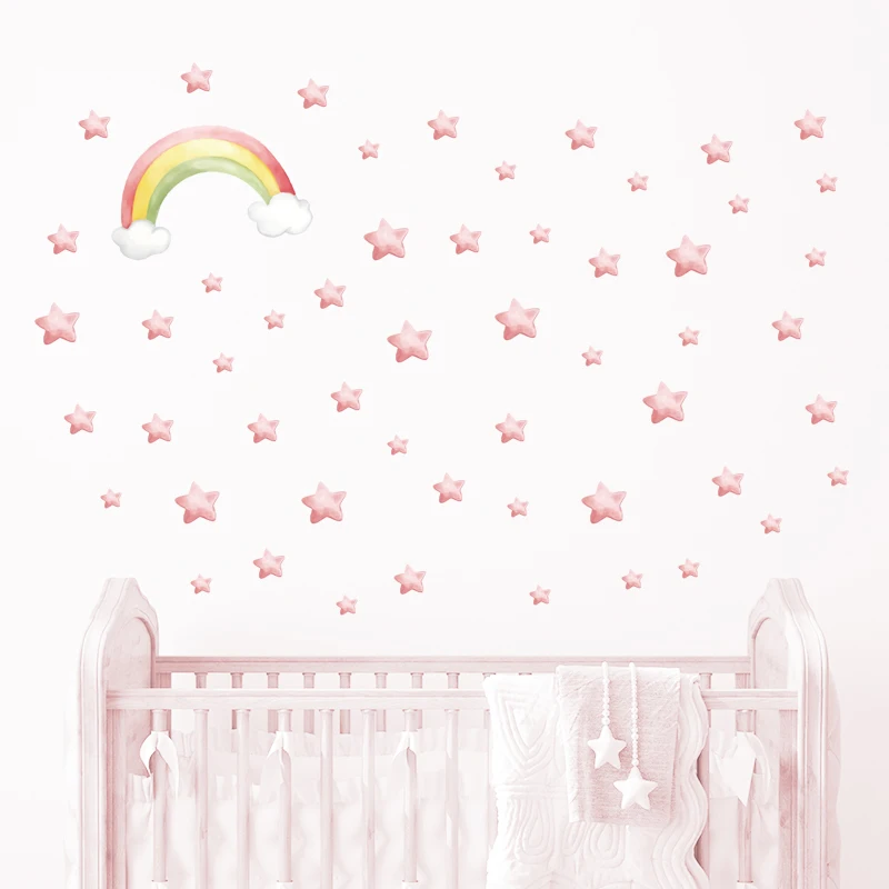 52pcs Rainbow and Stars Soft Pink Watercolor Wall Stickers Pattern Decals Baby Nursery Art Decorative Kids