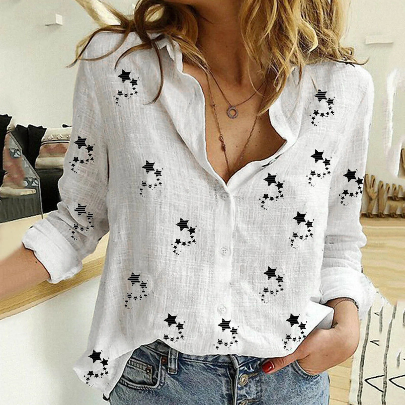 

Top For Women Cotton Long Sleeve Vacation Casual Shirt Medium Women Shirt