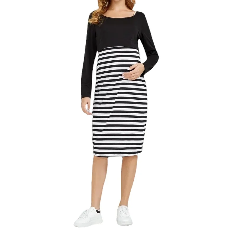 Spring & Autumn Womens Maternity Elegant Casual Dress Cotton Patchwork Stripe Nursing Dresses Breastfeeding Pregnancy Clothes