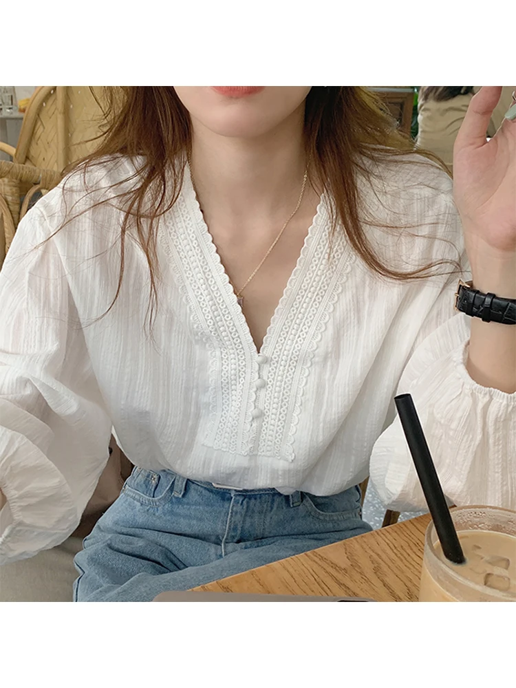 

Autmn Women Mori Girl French Fashion Vintage Shirts Long Sleeve V-Neck Blouses Korean Romantic 2000s Aesthetic Design Classical