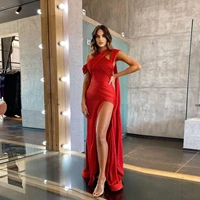 fashion red elegant celebrity dresses evening dress a line floor length high split summer dress dubai prom dresses plus size
