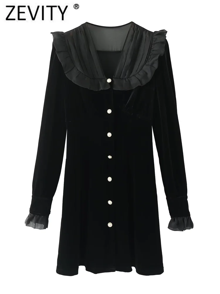 

Женское бархатное платье-рубашка Zevity с V-образным вырезом и оборками, облегающее мини-платье на пуговицах для офиса и вечерние, DS2973