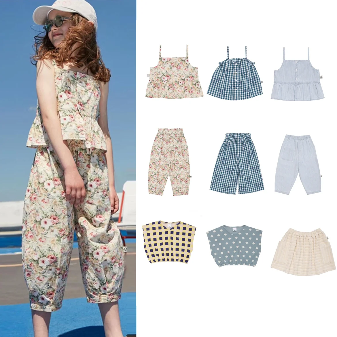 

Jenny&Dave Popular 2023 Summer New Children's Wear Girls' Baby Floral Dotted Plaid Denim Strap Wide Leg Trouser Set Girls