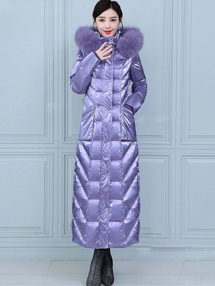 New Women Wash Free Down Coat Winter Fashion Glossy Surface Real Fox Fur Collar Lengthened Thicken Down Jacket Slim Overcoat
