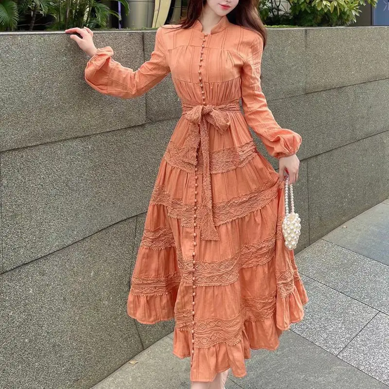 

2022 Spring and Autumn New Fashion Stand Neck Pearl Buckle Lace up Waist Lantern Sleeve Lace Embroidery Dress