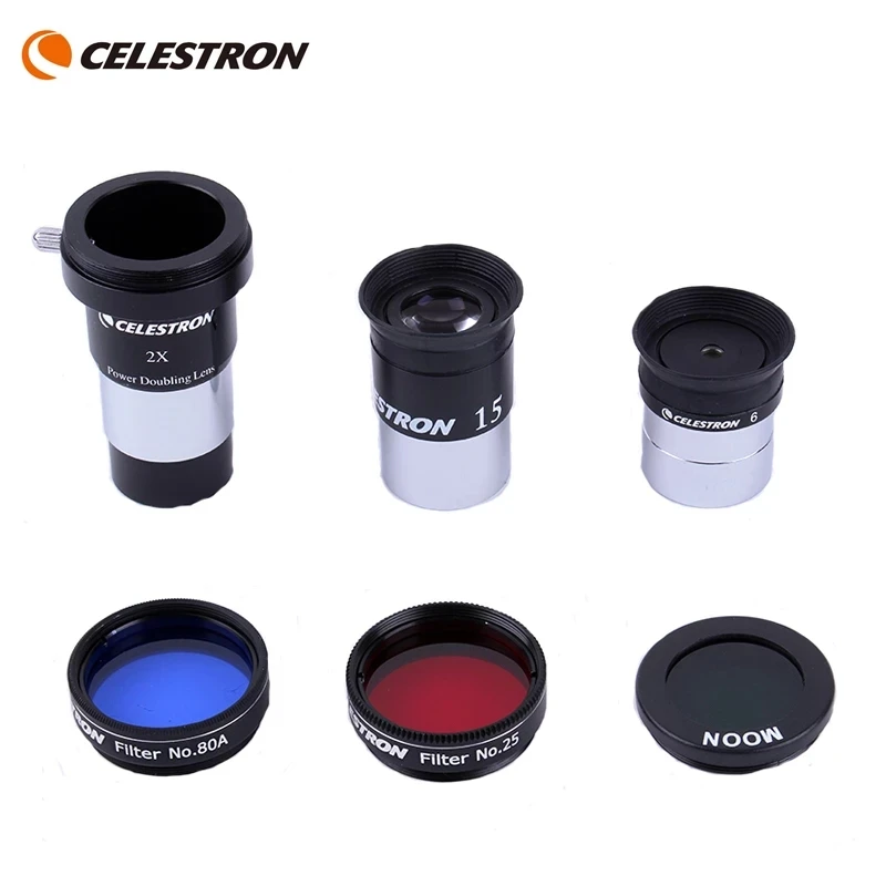 Фото Комплект аксессуаров Celestron-ASTROMASTER, 2 линзы Барлоу, 6 мм, 15 мм, окуляр Kellner, # 25 #   Лунный фильтр 80А №4