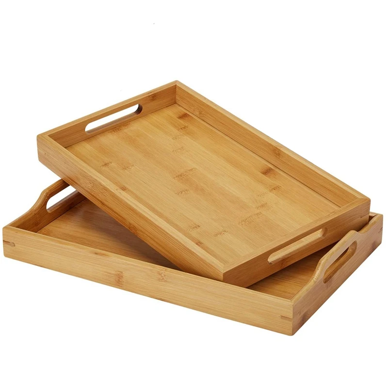 

LBER Serving Tray With Handle Rectangle Bamboo Butler Breakfast Tray,2 Pcs Party Platter Decorative Large Tea Tray,Dinner