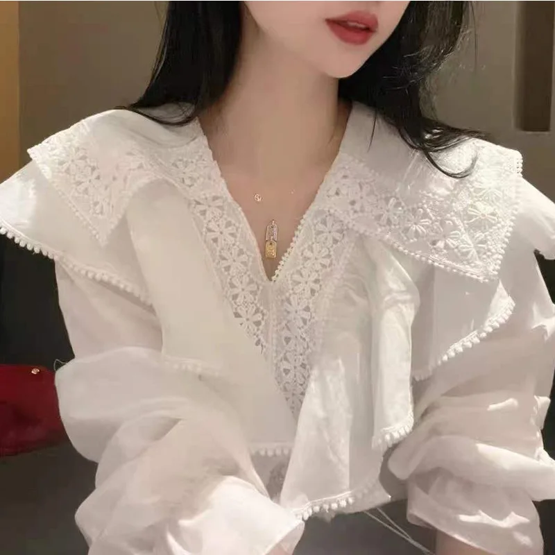 

Женская блузка с воротником-куклой, однотонная блузка с рукавами-рогами, с вырезами, осень 2022