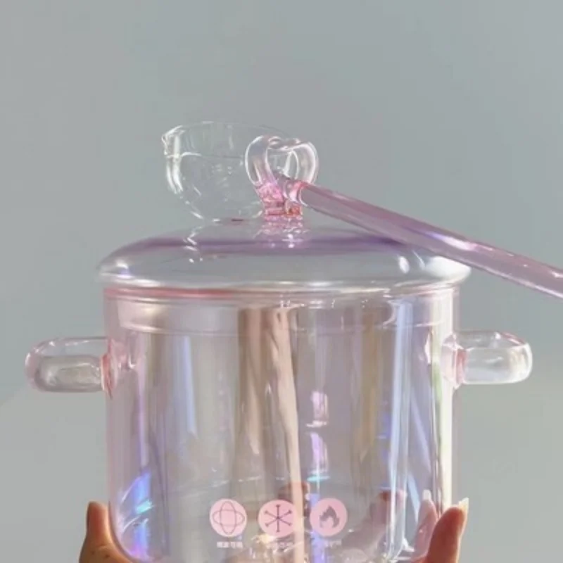 

Милая розовая стеклянная кастрюля, прозрачная миска для супа, кавайная бинауральная кастрюля для супа, кастрюля для тушения, кастрюля для приготовления лапши, кухонные аксессуары