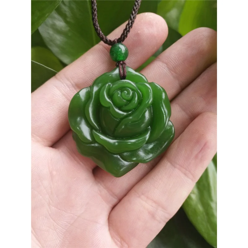 

Fashion Natural Green Jade Rose Nelace Pendant Hand-Carved Luy Amulet Hot