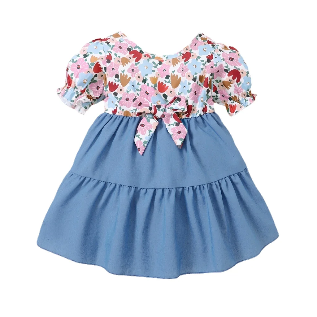 Toddler Princess Dress Little Girl Party Outfit Kids Girl Summer Clothes Floral Short Sleeves Bow Tie Dress Clothing For 25-36M