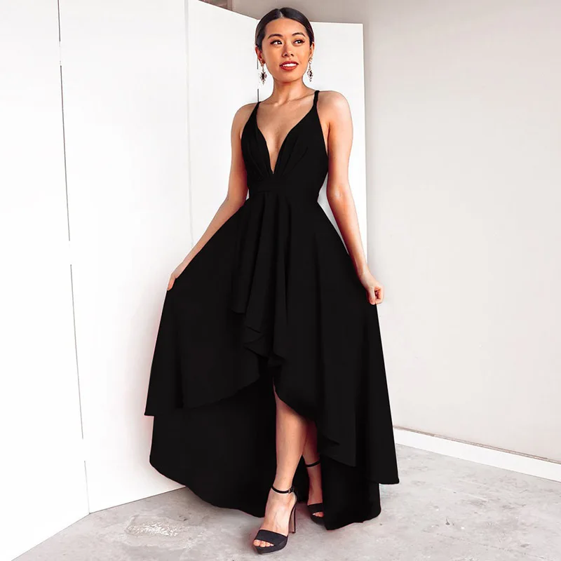 

Summer party asymetrical high low dress 2022 sexy backless lace-up sleeveless v-neck ladies swing spaghetti strap maxi dress